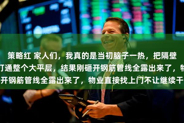 策略红 家人们，我真的是当初脑子一热，把隔壁两套都买了，就想砸墙打通整个大平层，结果刚砸开钢筋管线全露出来了，物业直接找上门不让继续干
